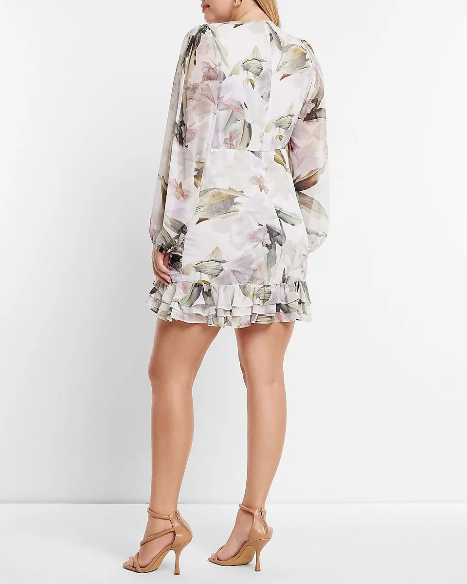 Floral Print Long Sleeve Ruched Mini Dress in Multi