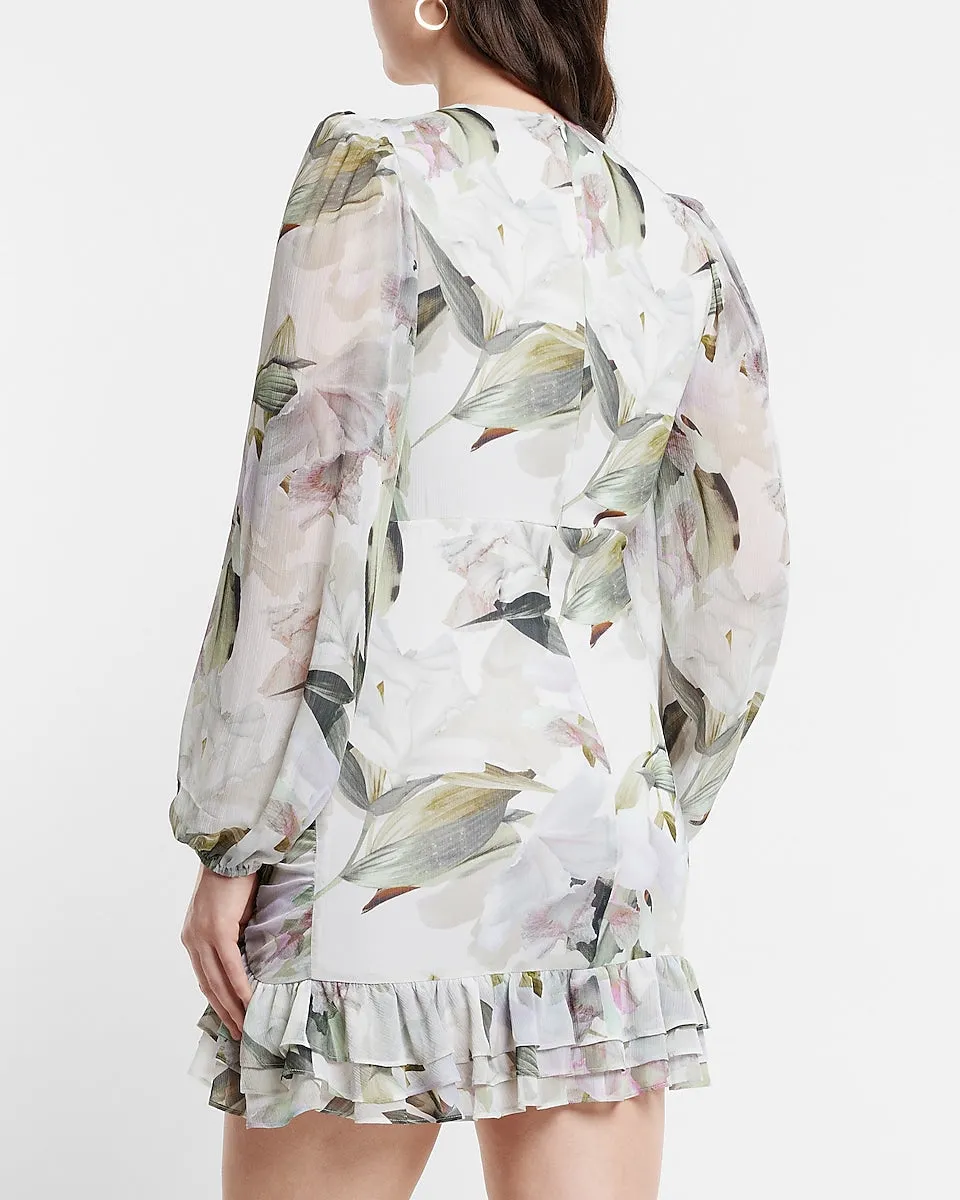 Floral Print Long Sleeve Ruched Mini Dress in Multi