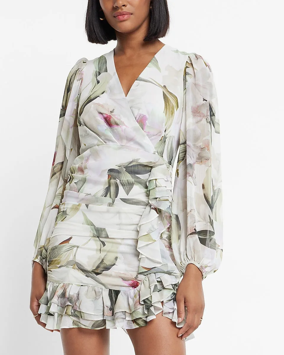 Floral Print Long Sleeve Ruched Mini Dress in Multi