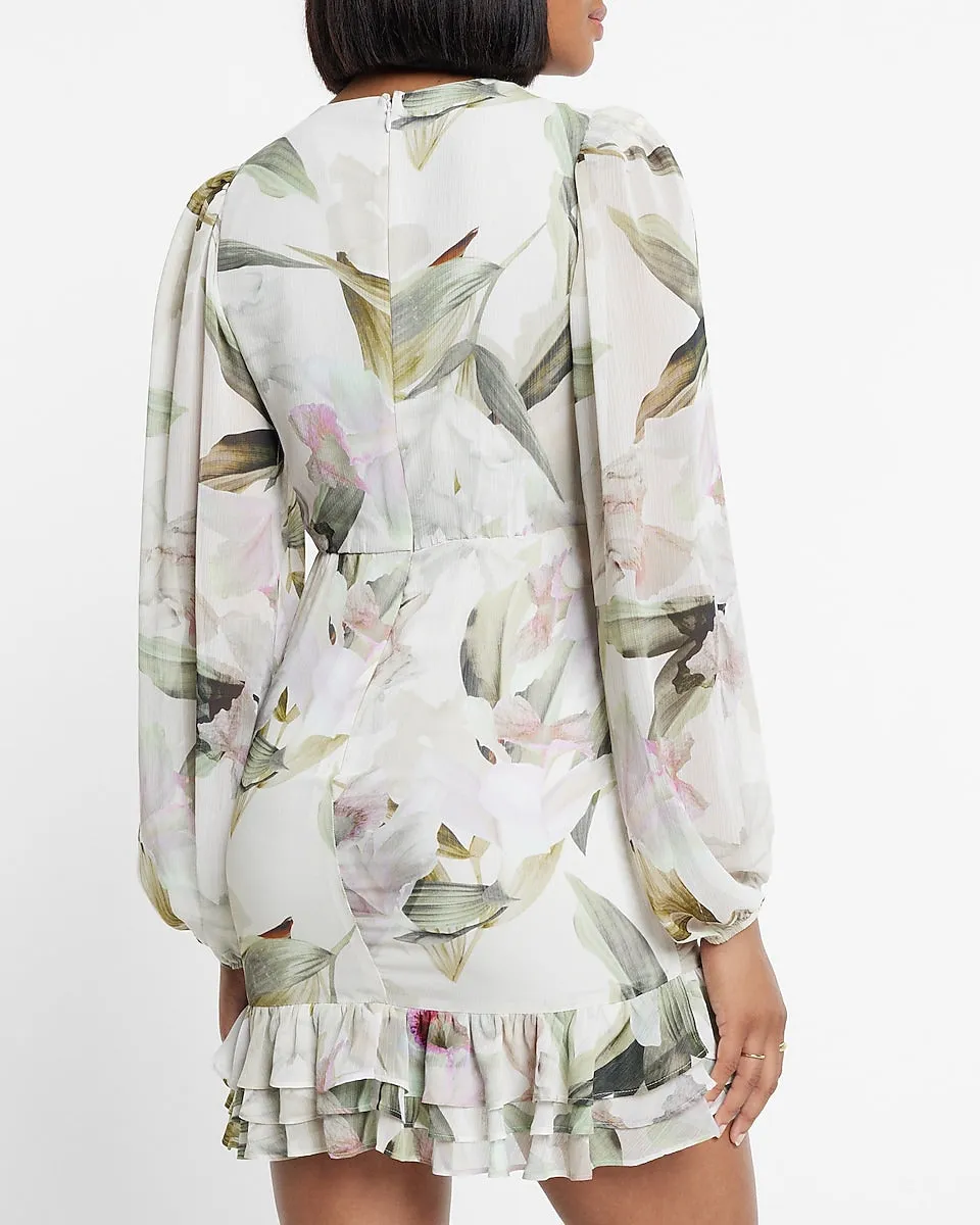 Floral Print Long Sleeve Ruched Mini Dress in Multi