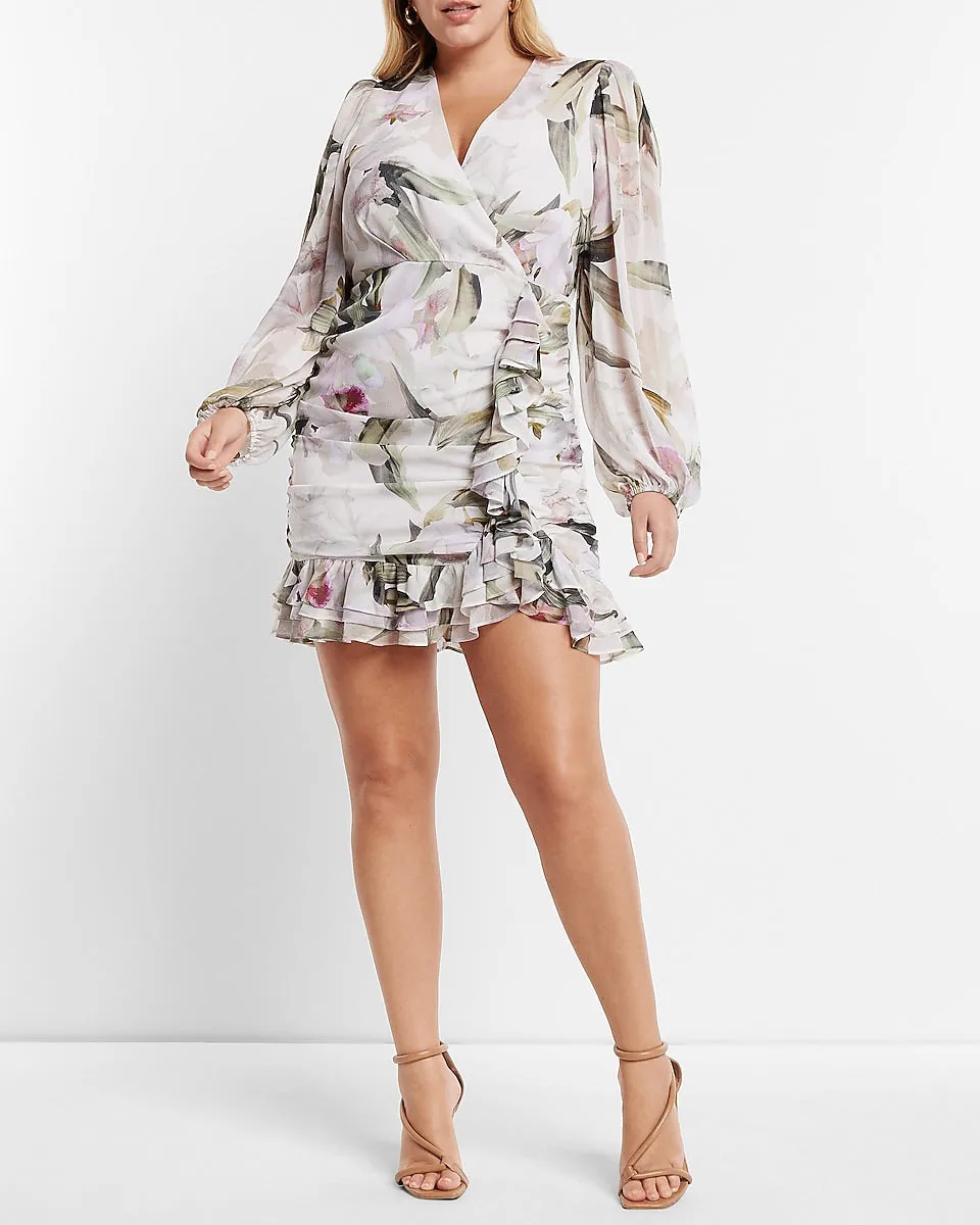 Floral Print Long Sleeve Ruched Mini Dress in Multi