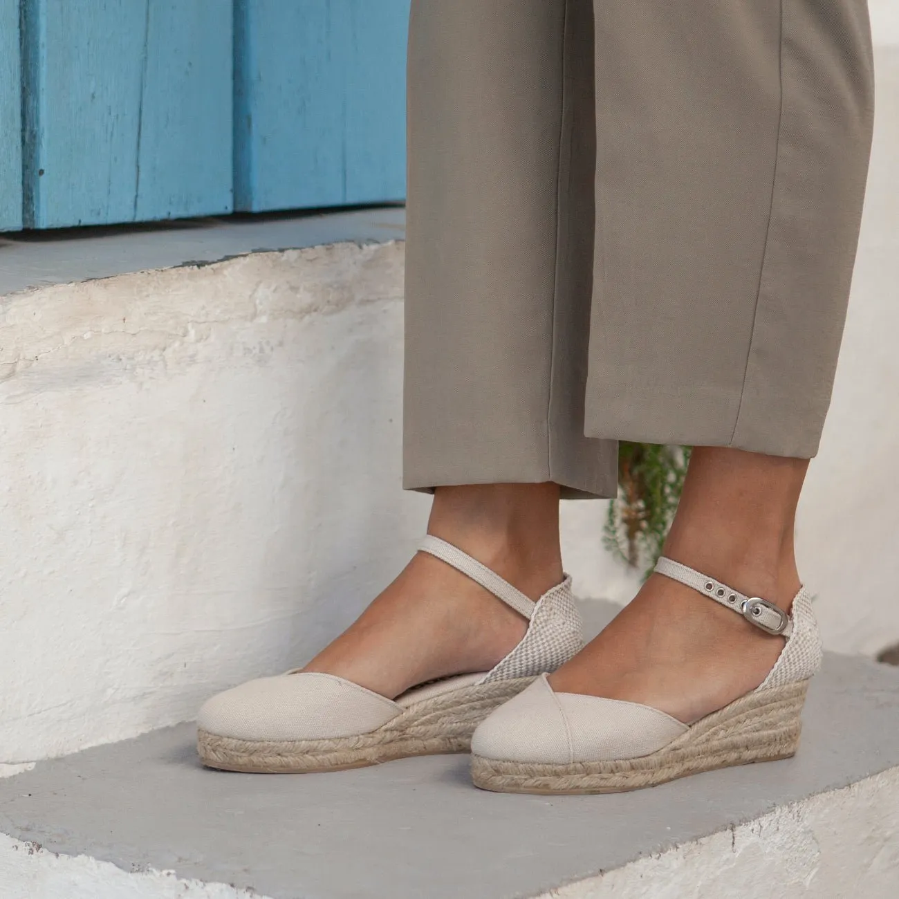 Girona Eco Canvas Vegan Espadrille Wedges - Beige Tan