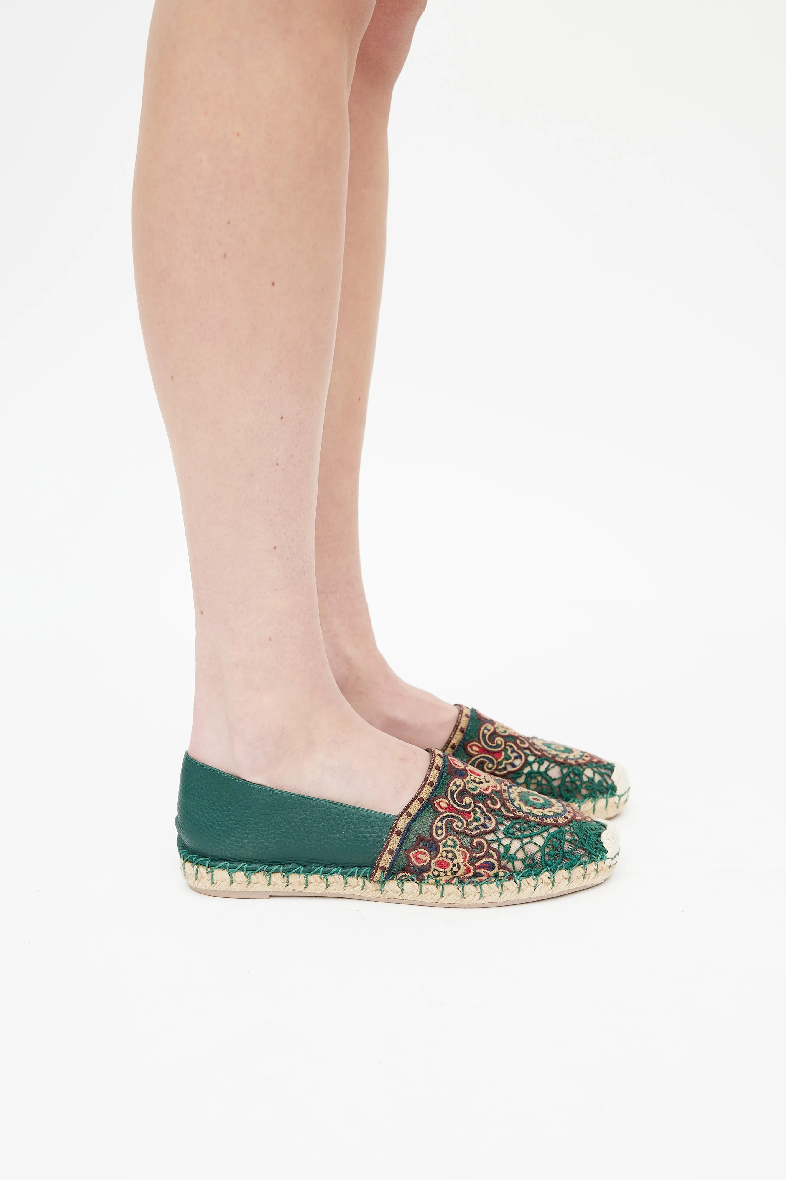 Green & Multicolour Embroidered Leather Espadrille