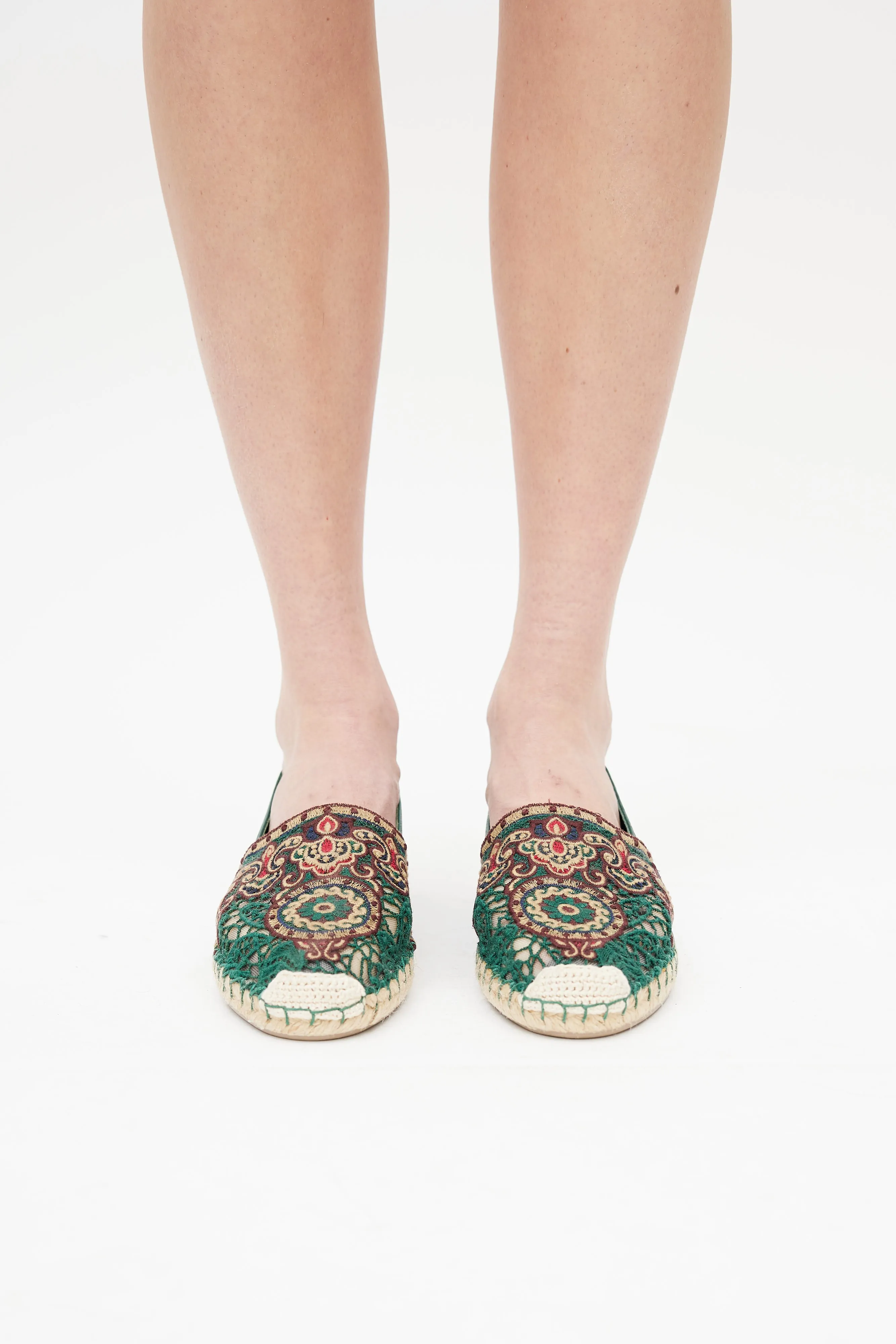Green & Multicolour Embroidered Leather Espadrille