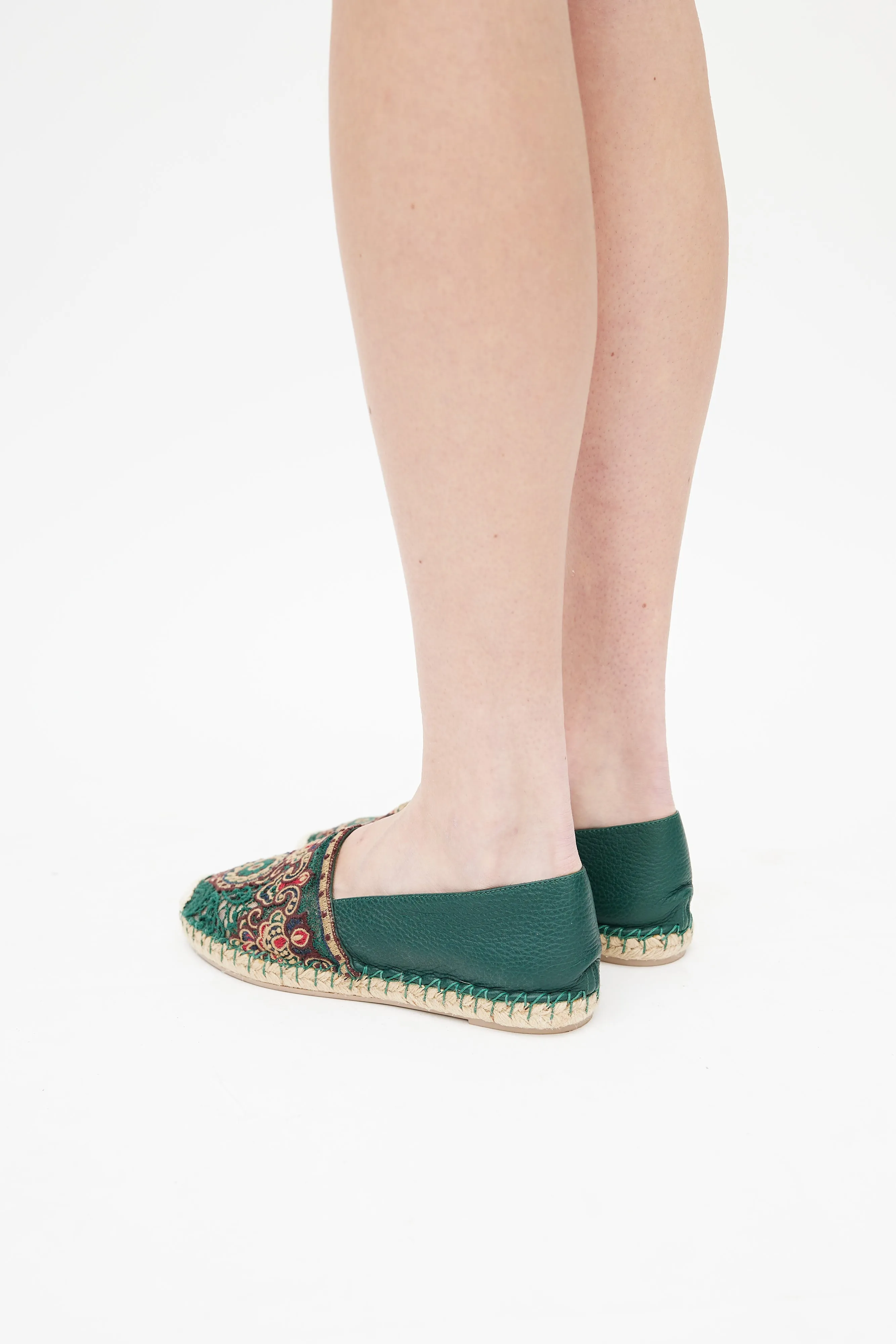 Green & Multicolour Embroidered Leather Espadrille