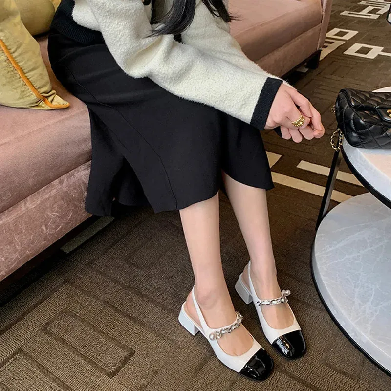 Hnzxzm Mary Jane Thick Heeled Sandals Women's Buns Pearl Women's Shoes French Retro One Line Buckle Small Fragrant Sandals