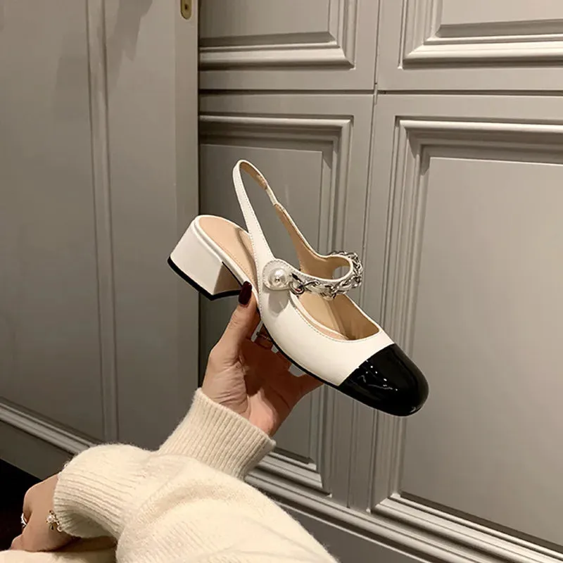 Hnzxzm Mary Jane Thick Heeled Sandals Women's Buns Pearl Women's Shoes French Retro One Line Buckle Small Fragrant Sandals