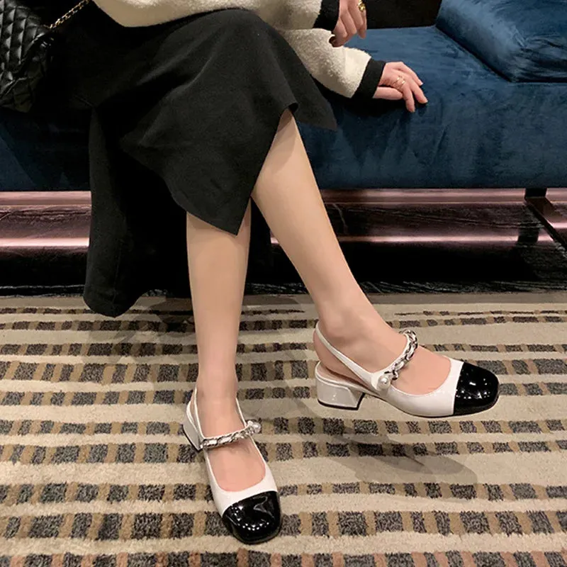 Hnzxzm Mary Jane Thick Heeled Sandals Women's Buns Pearl Women's Shoes French Retro One Line Buckle Small Fragrant Sandals