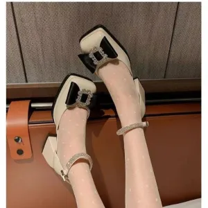 Hnzxzm Thick Heeled Sandals for Women, Summer Bow, High Heels, Rhinestone Square Buckle Strap, Square Toe Mary Jane Shoes