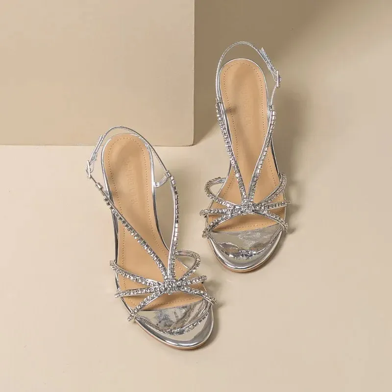 Hnzxzm Woman High-heeled Sandals Rhinestone Chain High Heels Luxury Sandals Women Designers Bling Bling Party Shoes Small size 34-40