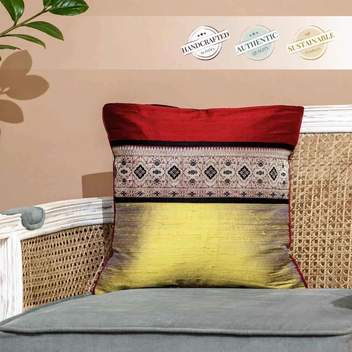 Maroon & Lime Banarsi Silk Square Cushion Cover With Intricate Geometric Patterns In A Set Of 1/2 | 16" x 16"| Handmade In India