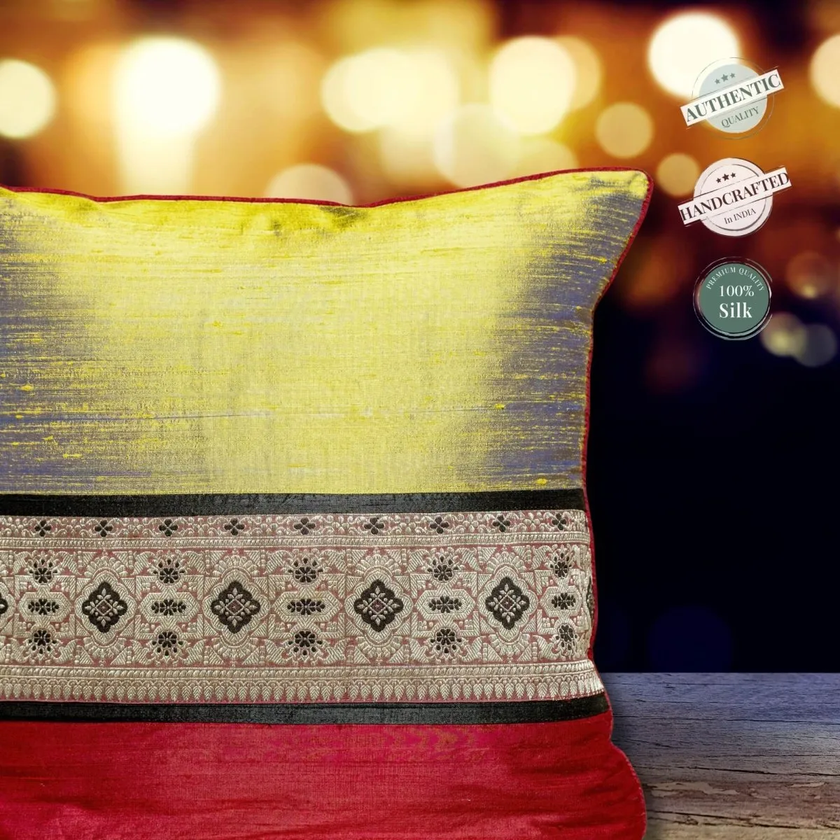 Maroon & Lime Banarsi Silk Square Cushion Cover With Intricate Geometric Patterns In A Set Of 1/2 | 16" x 16"| Handmade In India