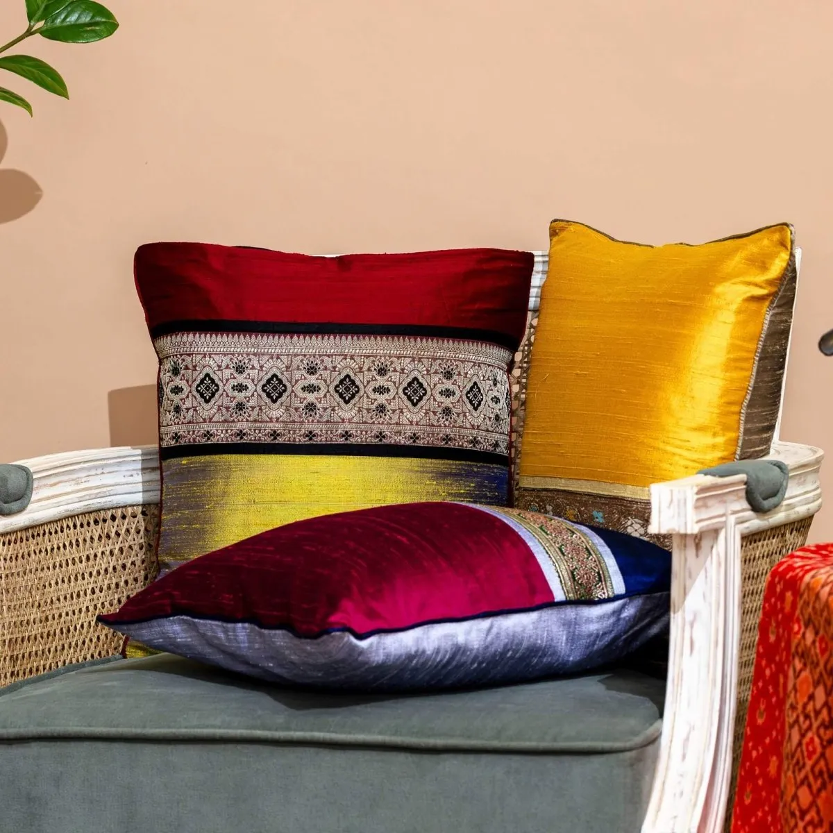 Maroon & Lime Banarsi Silk Square Cushion Cover With Intricate Geometric Patterns In A Set Of 1/2 | 16" x 16"| Handmade In India