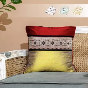 Maroon & Lime Banarsi Silk Square Cushion Cover With Intricate Geometric Patterns In A Set Of 1/2 | 16" x 16"| Handmade In India