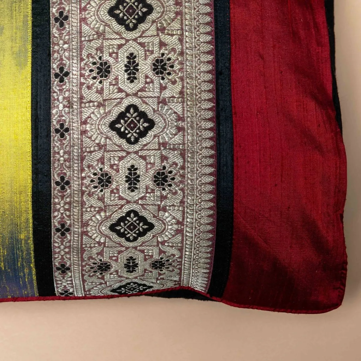 Maroon & Lime Banarsi Silk Square Cushion Cover With Intricate Geometric Patterns In A Set Of 1/2 | 16" x 16"| Handmade In India
