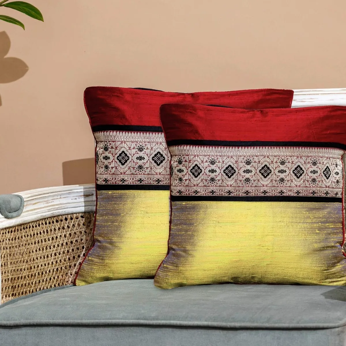 Maroon & Lime Banarsi Silk Square Cushion Cover With Intricate Geometric Patterns In A Set Of 1/2 | 16" x 16"| Handmade In India