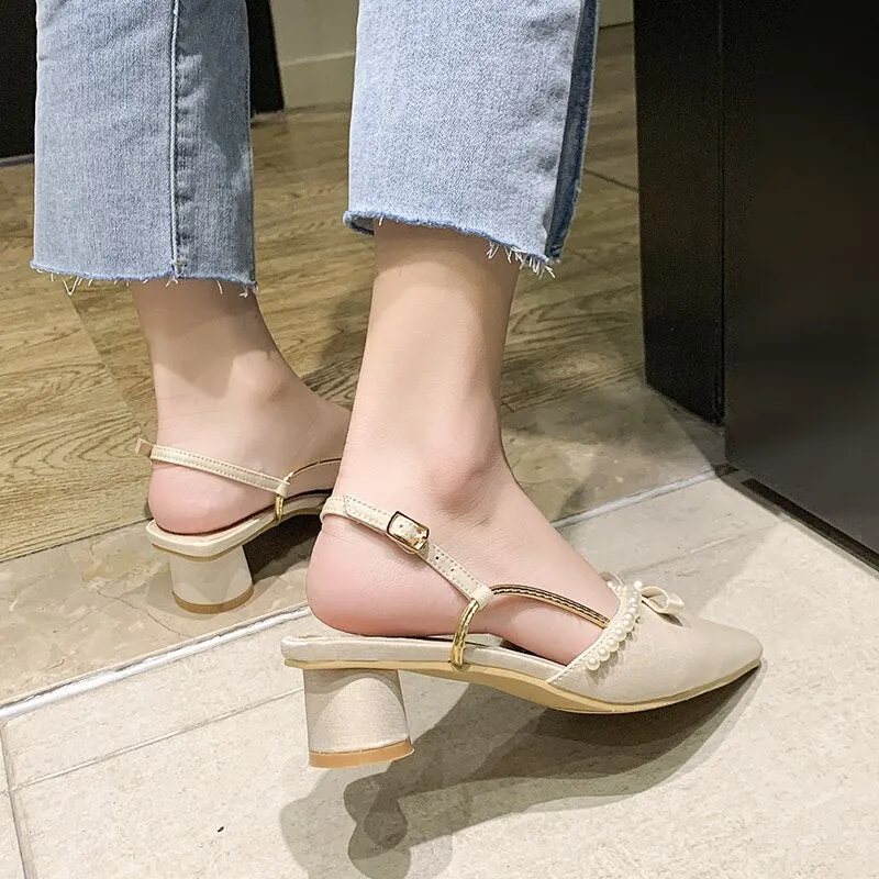 Med Closed Toe Sandals Low-Heeled Shoes With Strap  Women's Suit Female Beige Shallow Mouth All-Match Medium Low-heeled New