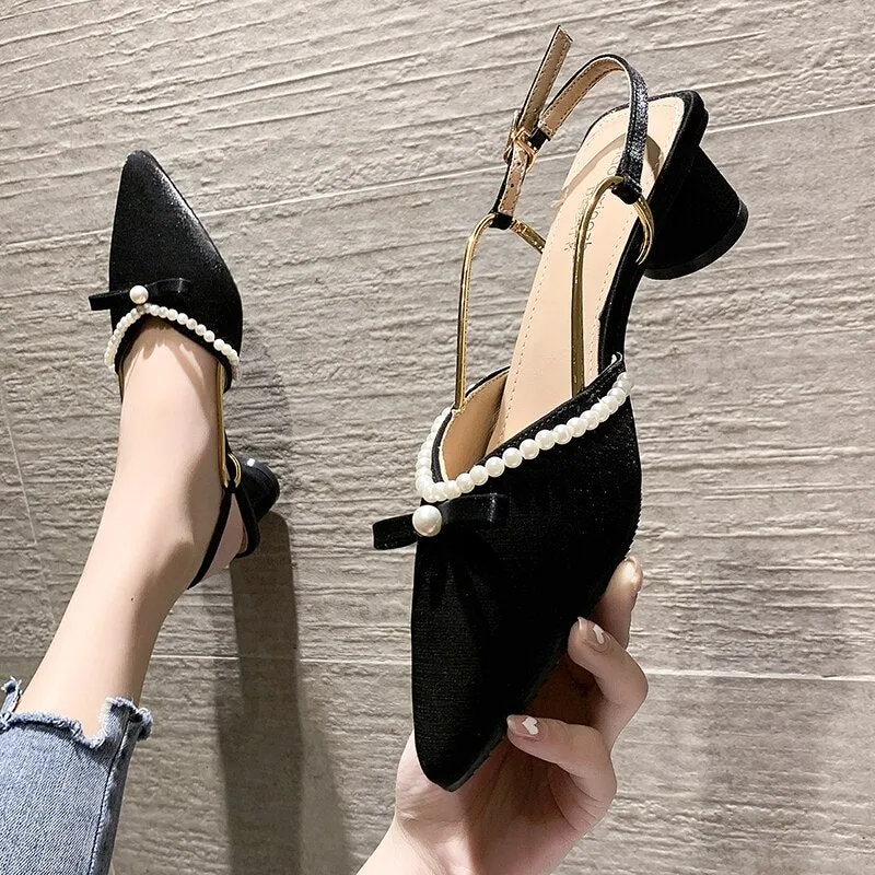 Med Closed Toe Sandals Low-Heeled Shoes With Strap  Women's Suit Female Beige Shallow Mouth All-Match Medium Low-heeled New