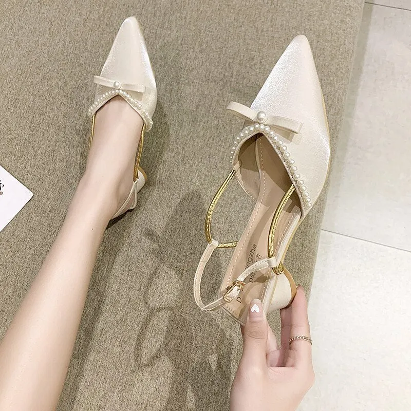 Med Closed Toe Sandals Low-Heeled Shoes With Strap  Women's Suit Female Beige Shallow Mouth All-Match Medium Low-heeled New
