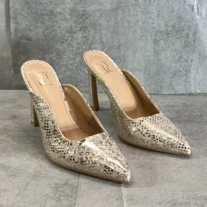 NEW YORK & COMPANY Women's Gold Snake Print Cammie Pointed-Toe Mule SZ 6
