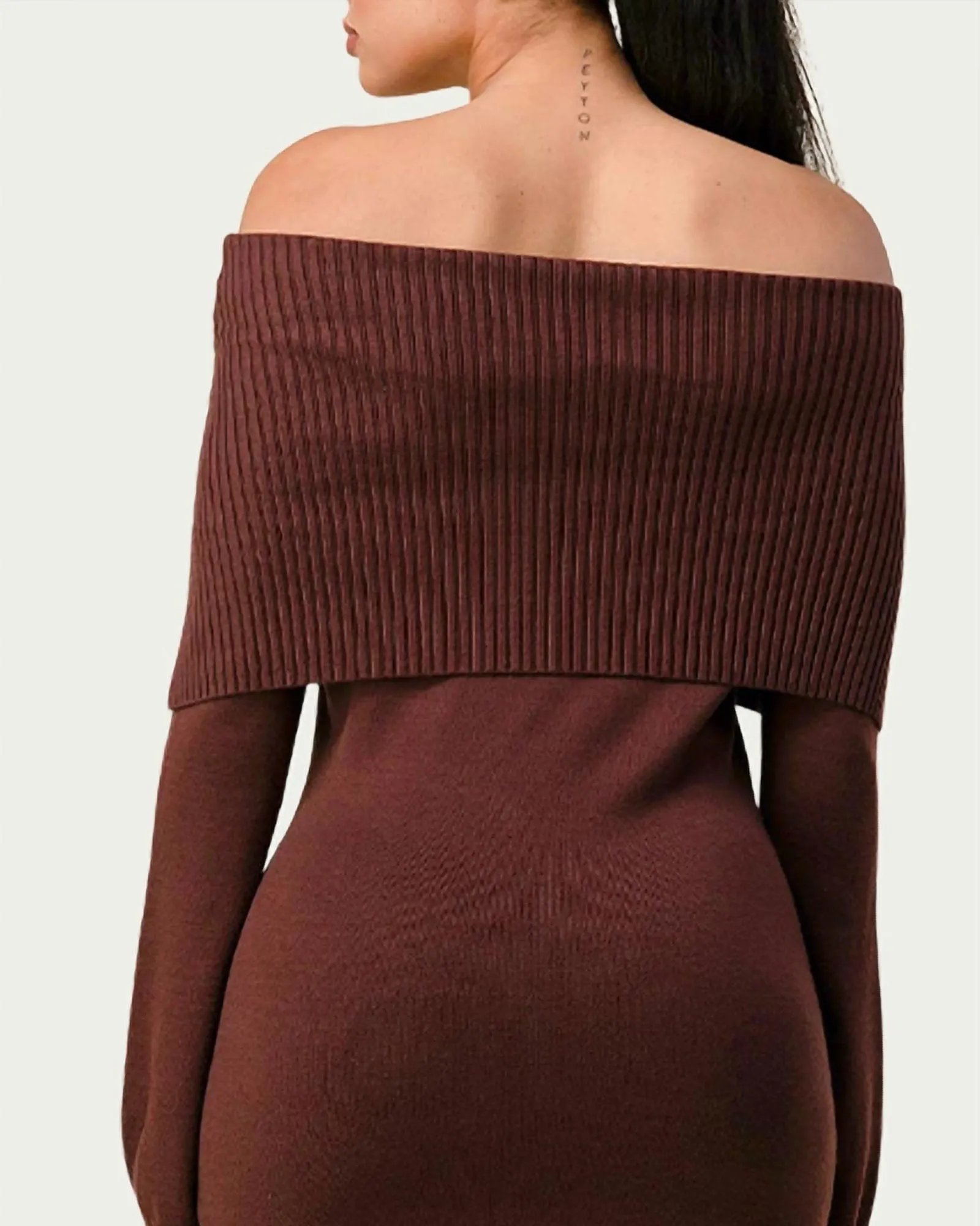 Off-The-Shoulder Sweater Dress in Chocolate | Chocolate