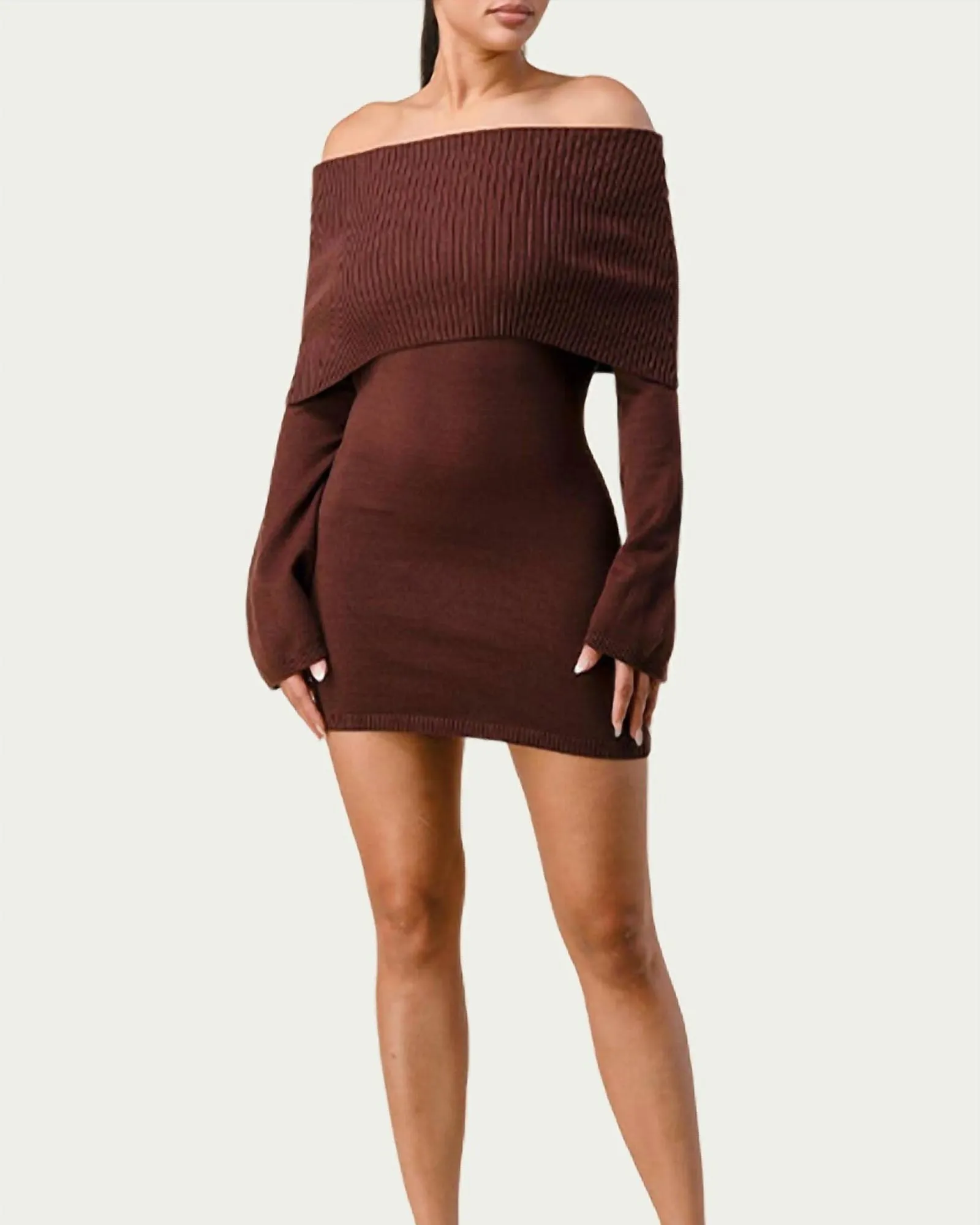 Off-The-Shoulder Sweater Dress in Chocolate | Chocolate