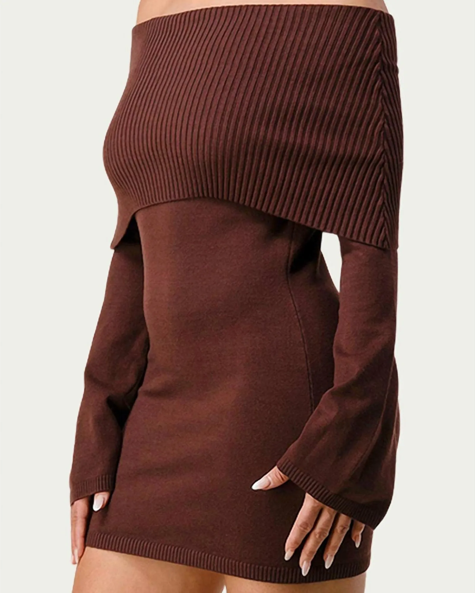 Off-The-Shoulder Sweater Dress in Chocolate | Chocolate