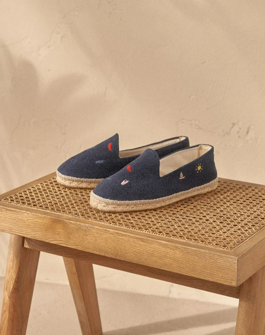 Organic Hemp Embroidered Espadrilles - Z57C0 - Palm Springs Navy and Multicolor Summer Strickers