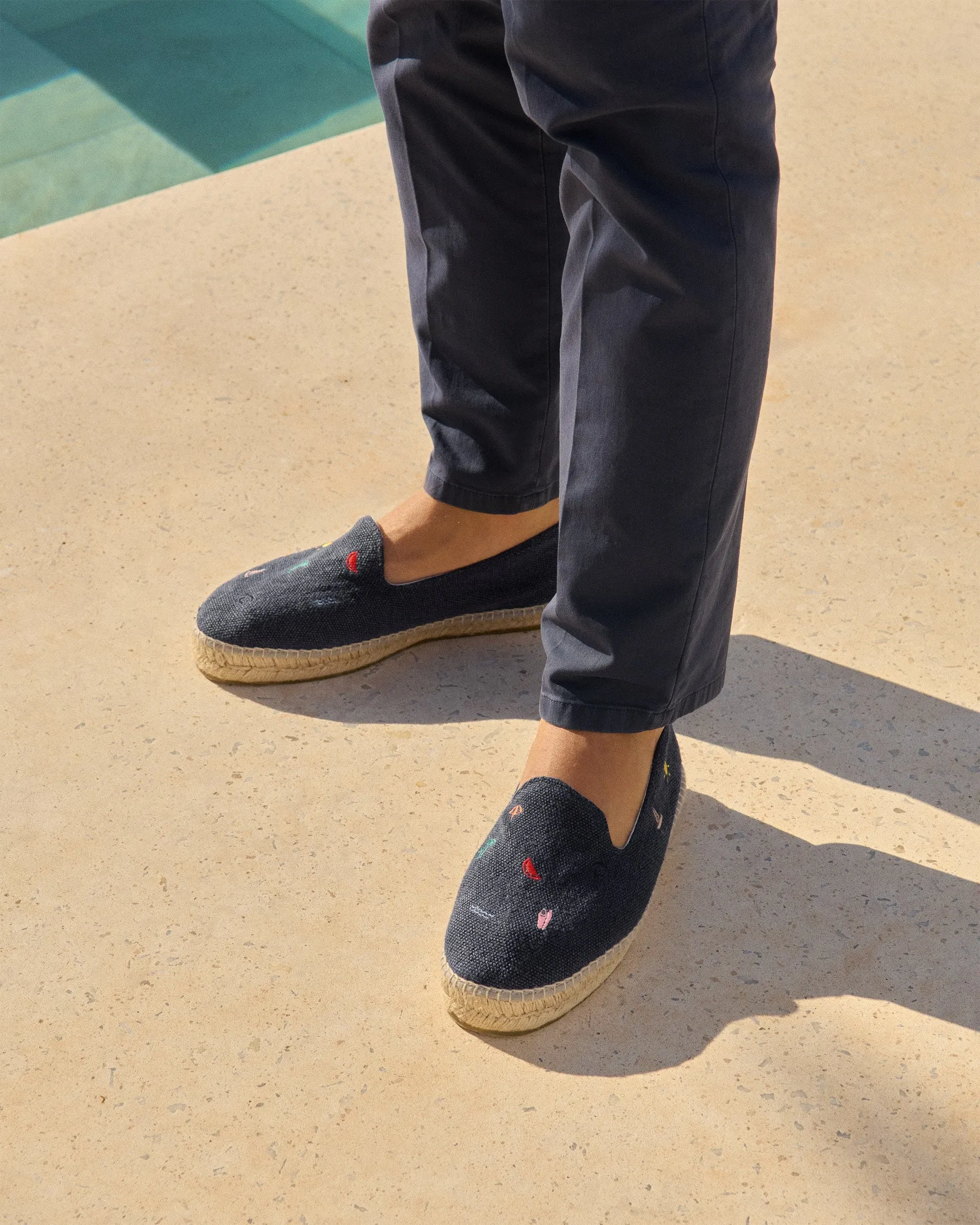 Organic Hemp Embroidered Espadrilles - Z57C0 - Palm Springs Navy and Multicolor Summer Strickers