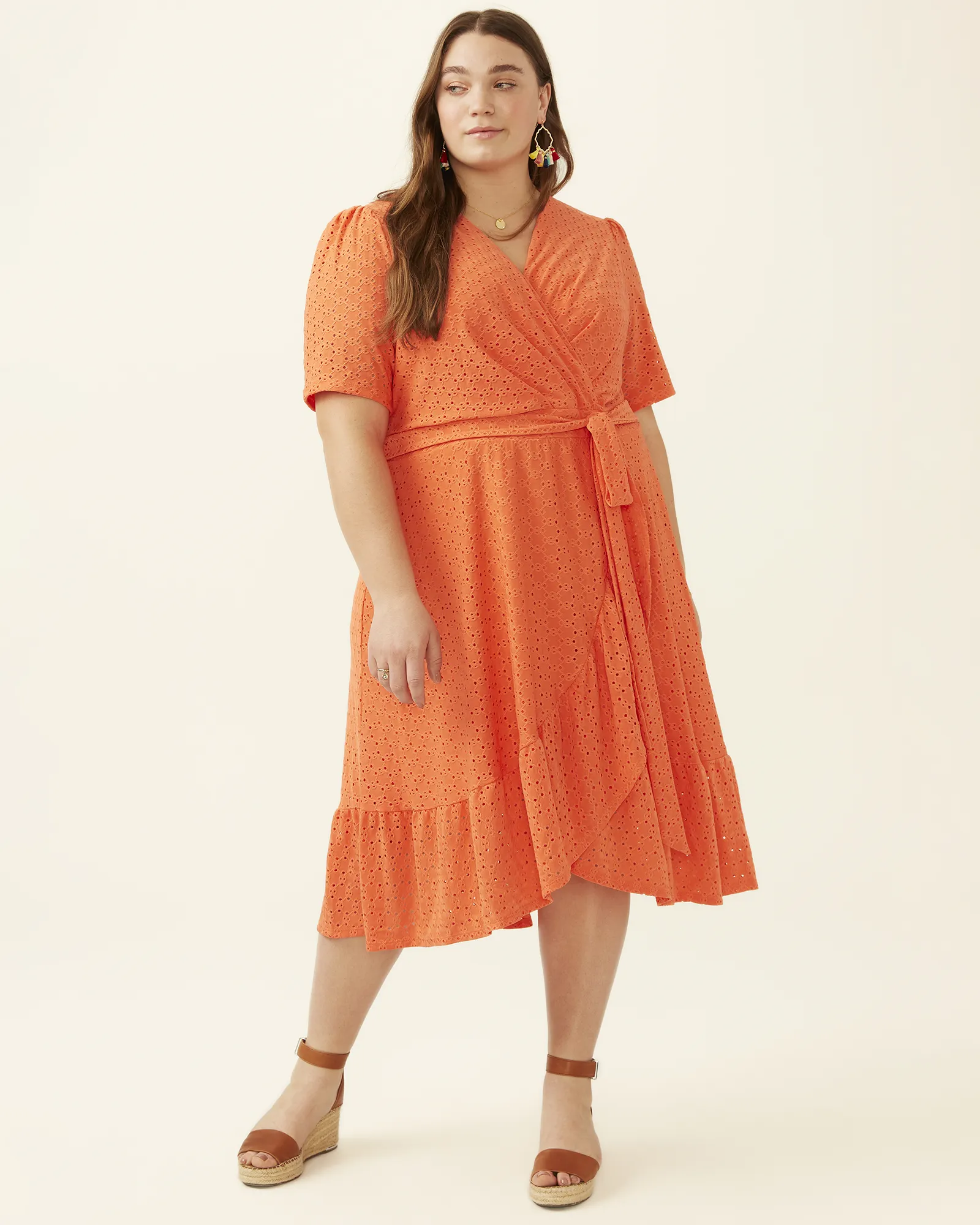 Paulina Embroidered Faux-Wrap Dress | Coral