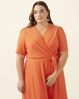 Paulina Embroidered Faux-Wrap Dress | Coral