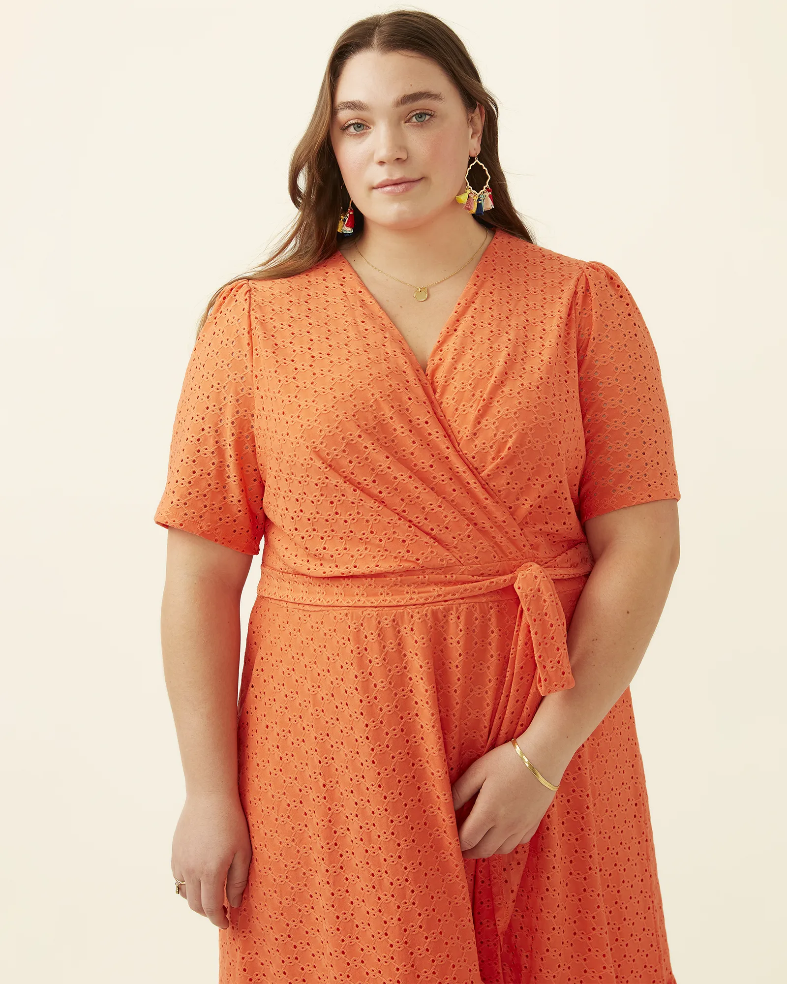 Paulina Embroidered Faux-Wrap Dress | Coral
