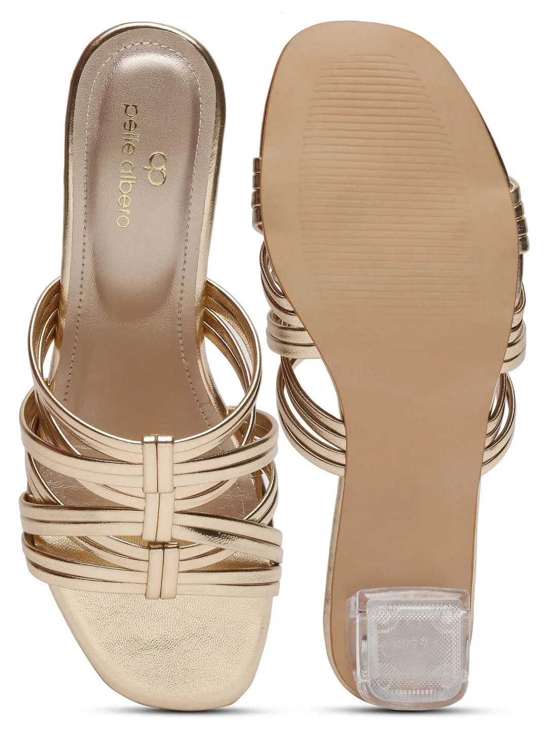 Pelle Albero Golden Block Heeled Sandals for Women