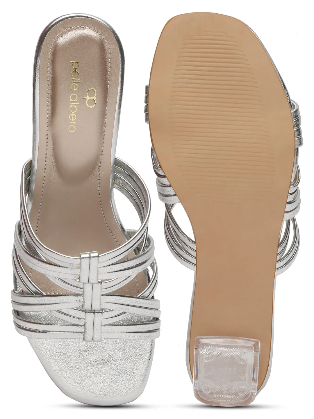 Pelle Albero Silver Block Heeled Sandals for Women