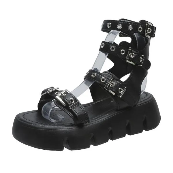 Purpdrank - Low Sandals Woman Leather Low-heeled PU Rome Slides Fabric Hoof Heels Rubber Low Sandals Woman Leather Low-heeled Slides Rubber