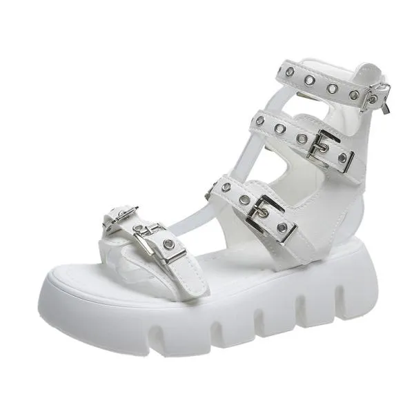 Purpdrank - Low Sandals Woman Leather Low-heeled PU Rome Slides Fabric Hoof Heels Rubber Low Sandals Woman Leather Low-heeled Slides Rubber