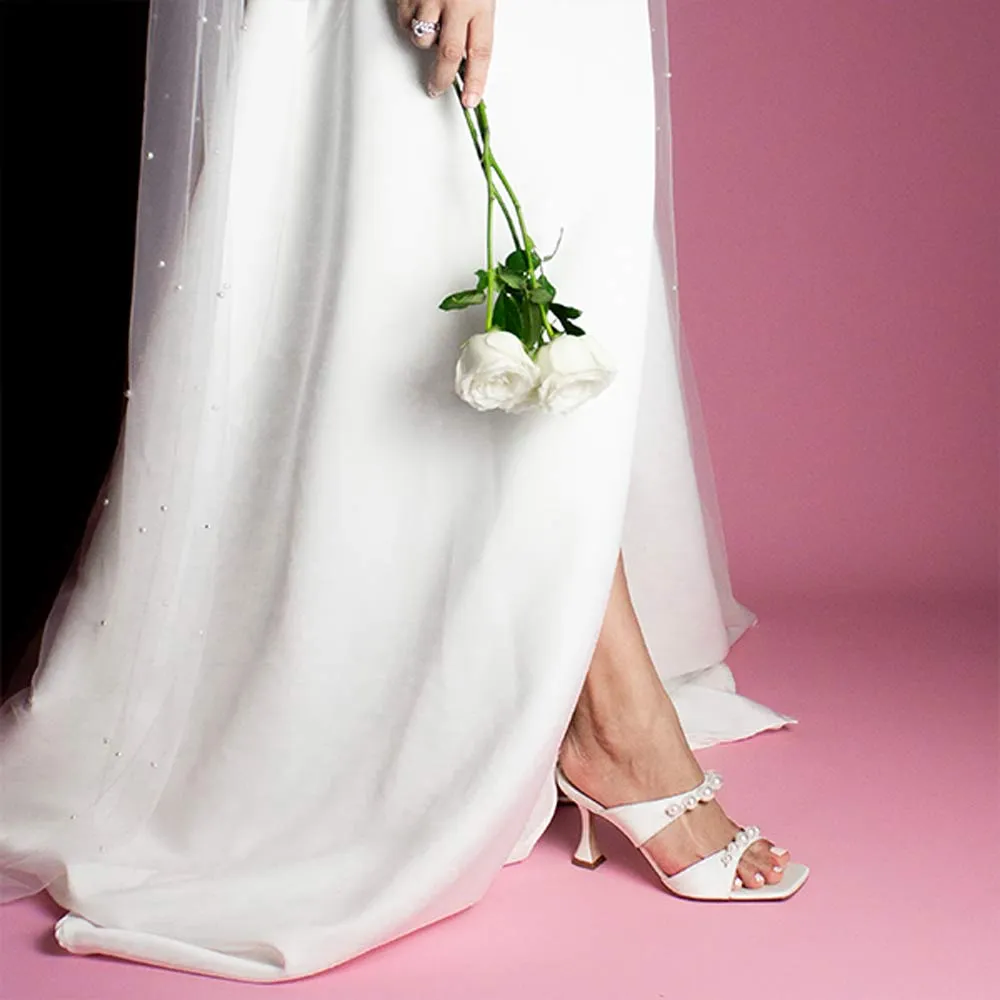 Raina White Satin | Pearl Mules