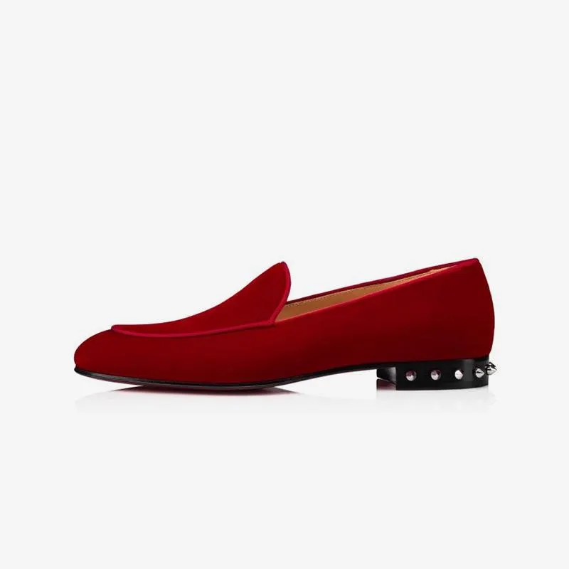 Red Velvet Loafers Studs-Heel Shoes