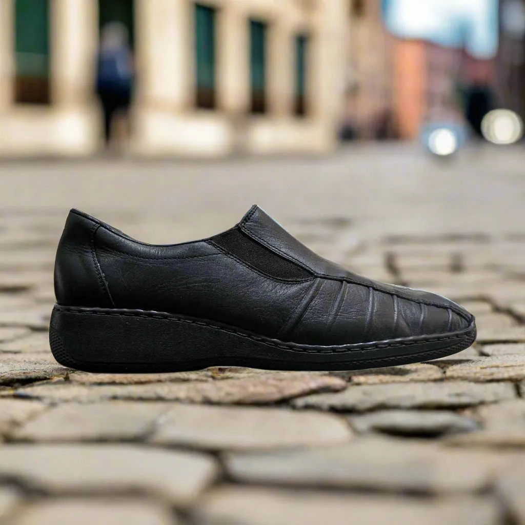 Rieker Antistress Ladies Pleated Black Leather Elastic Slip-On Loafers Oxford - Size EU 40 / UK 6.5 / US 9