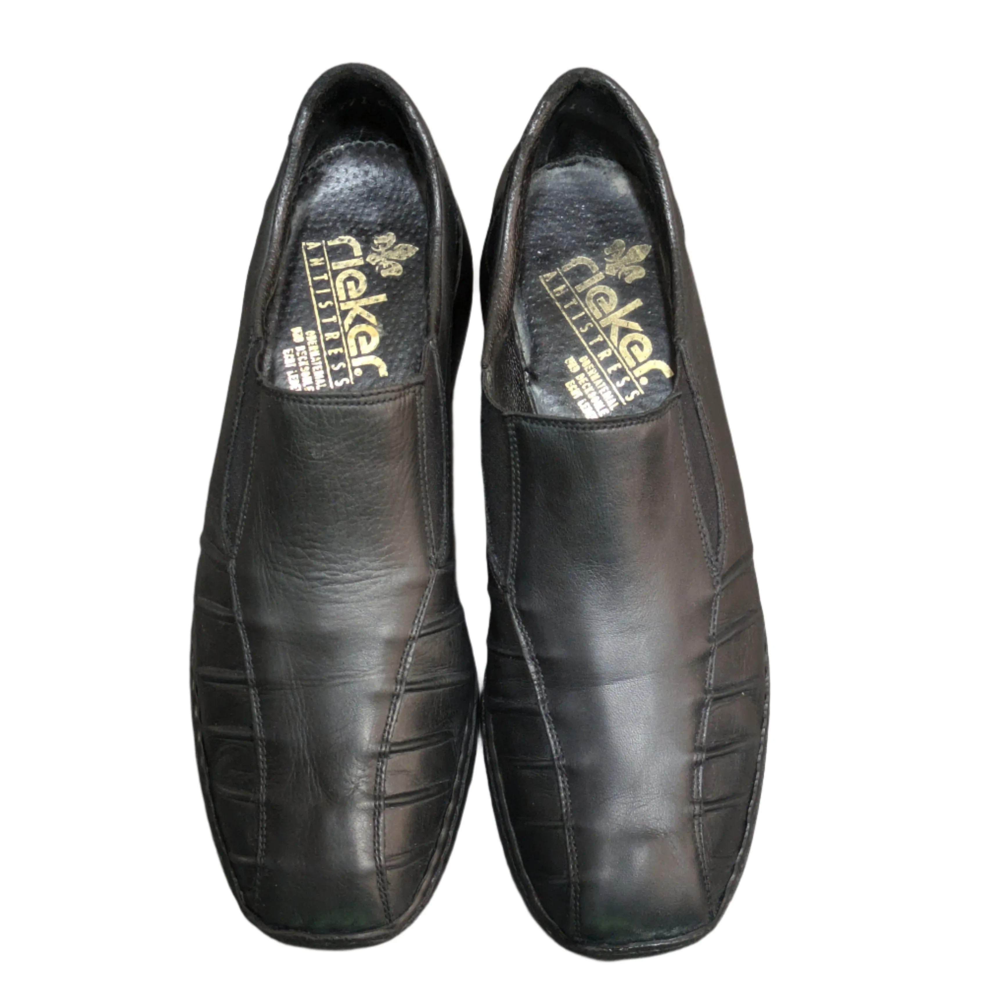 Rieker Antistress Ladies Pleated Black Leather Elastic Slip-On Loafers Oxford - Size EU 40 / UK 6.5 / US 9