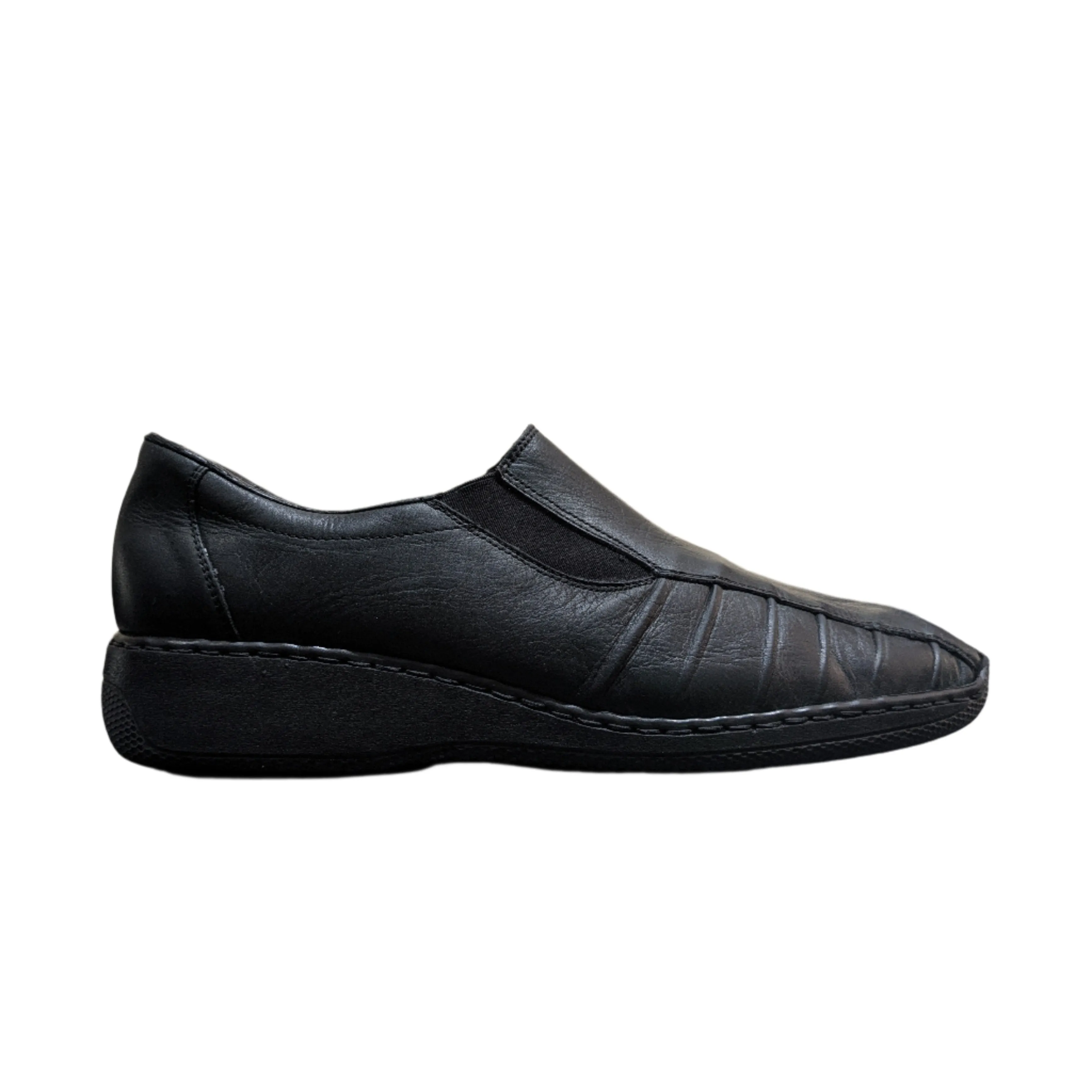 Rieker Antistress Ladies Pleated Black Leather Elastic Slip-On Loafers Oxford - Size EU 40 / UK 6.5 / US 9
