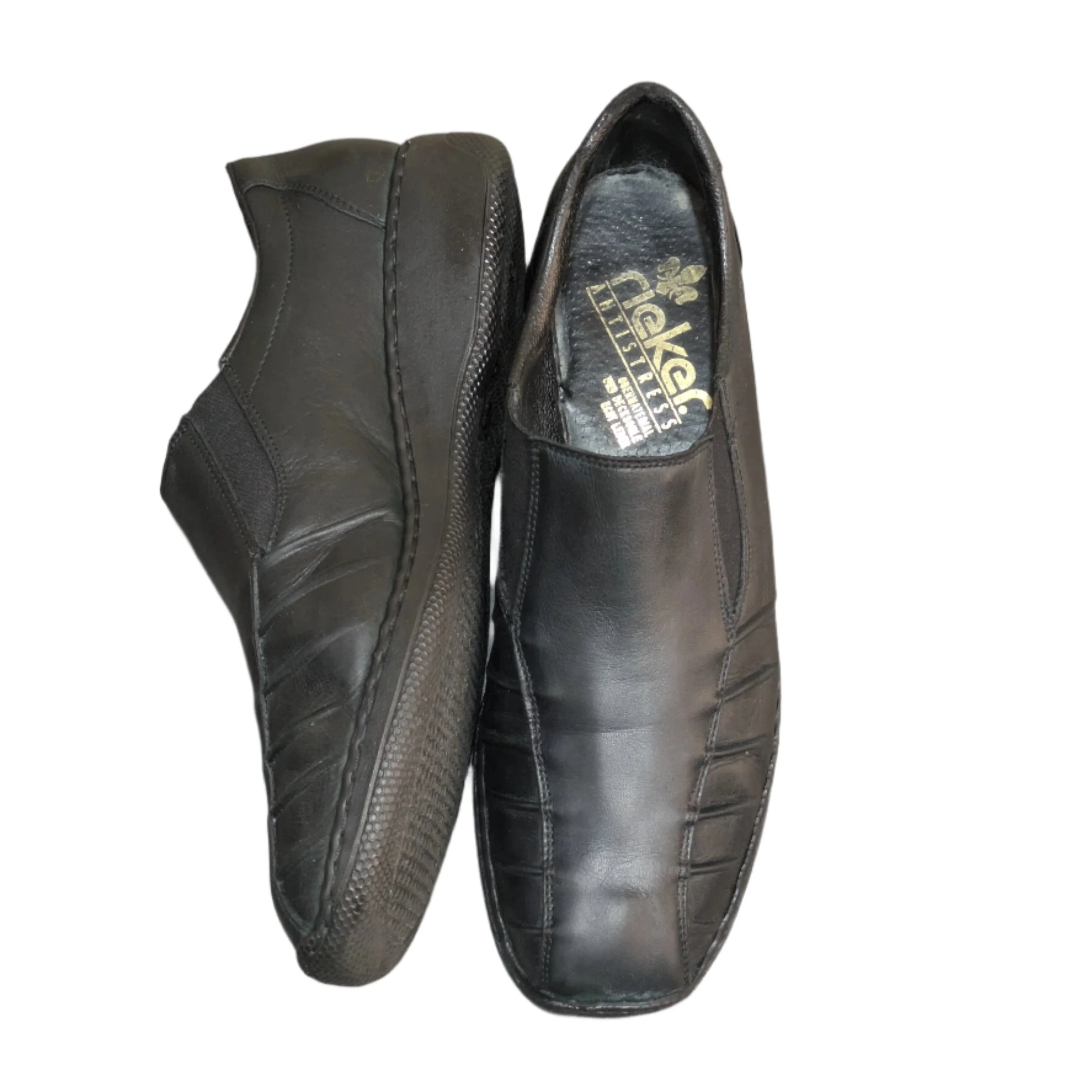 Rieker Antistress Ladies Pleated Black Leather Elastic Slip-On Loafers Oxford - Size EU 40 / UK 6.5 / US 9