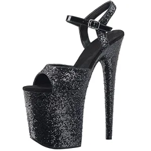 Roimaash Fancy Women 20CM Heel Clear Pole Dance Sandals Platform Peep Toe Stiletto Heels Ankle Strap Evening Prom Shoes Metallic Black Plus Size 34