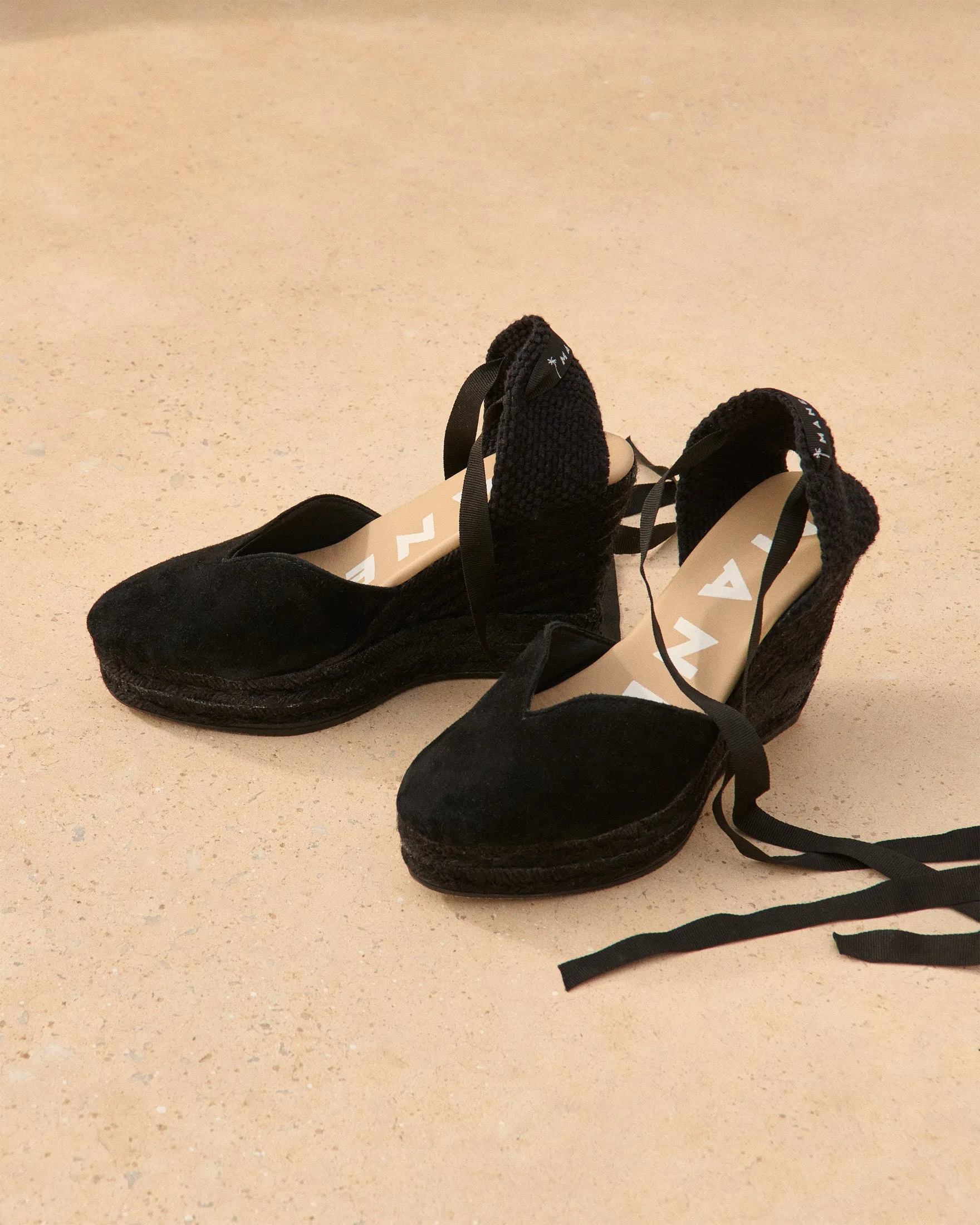Soft Suede Heart-Shaped Wedge Espadrilles - R22WH - Hamptons Black On Tone
