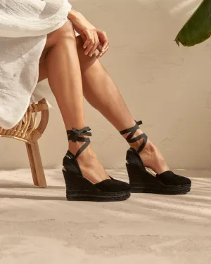 Soft Suede Heart-Shaped Wedge Espadrilles - R22WH - Hamptons Black On Tone