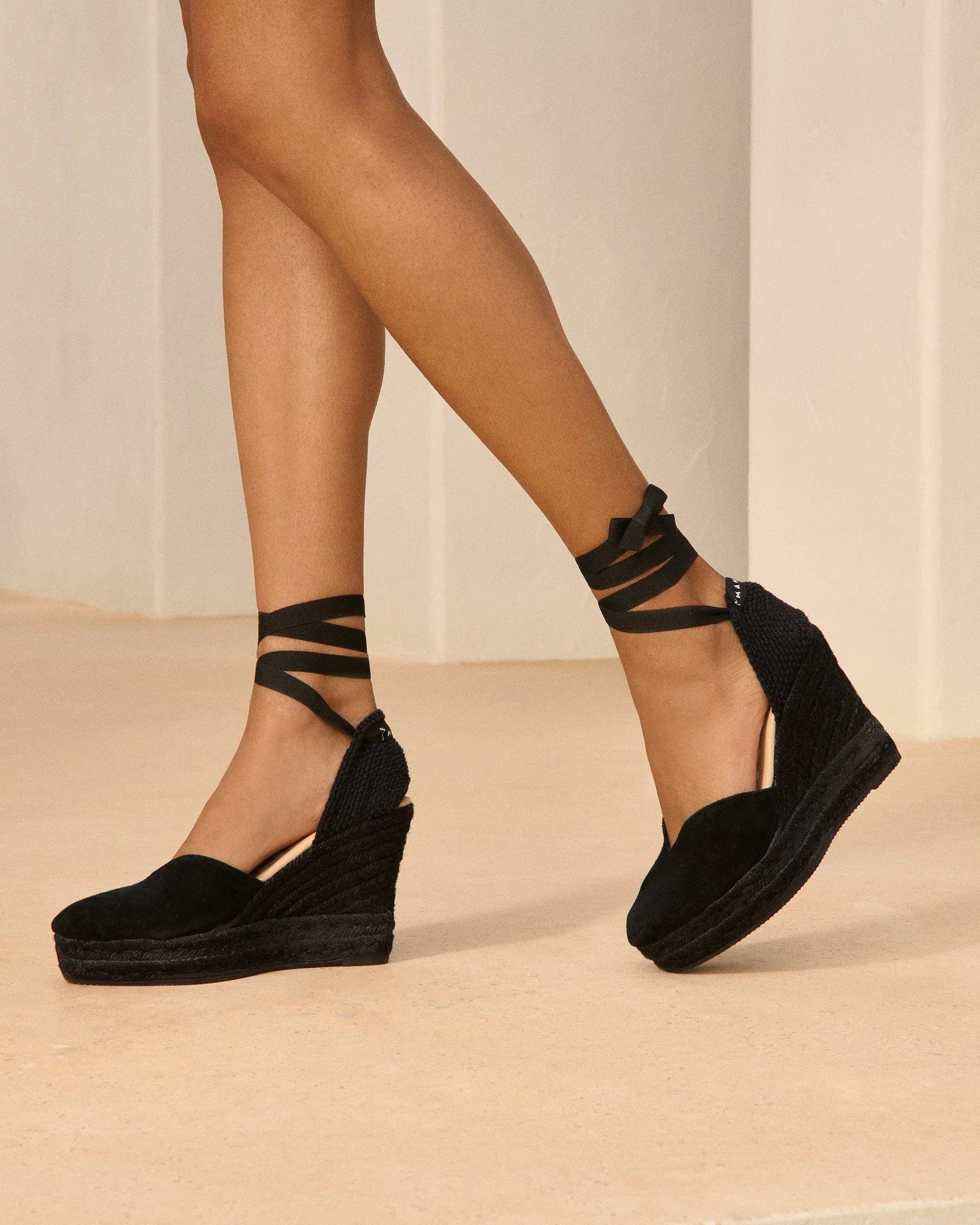 Soft Suede Heart-Shaped Wedge Espadrilles - R22WH - Hamptons Black On Tone