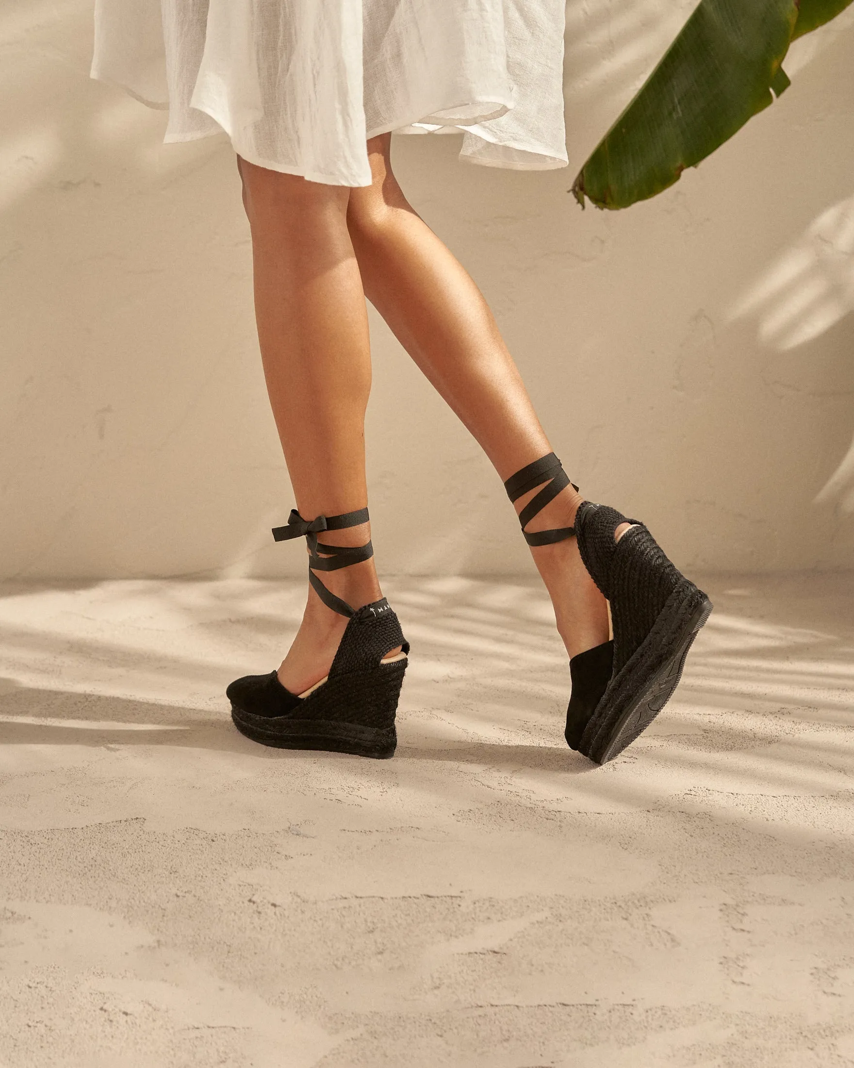 Soft Suede Heart-Shaped Wedge Espadrilles - R22WH - Hamptons Black On Tone