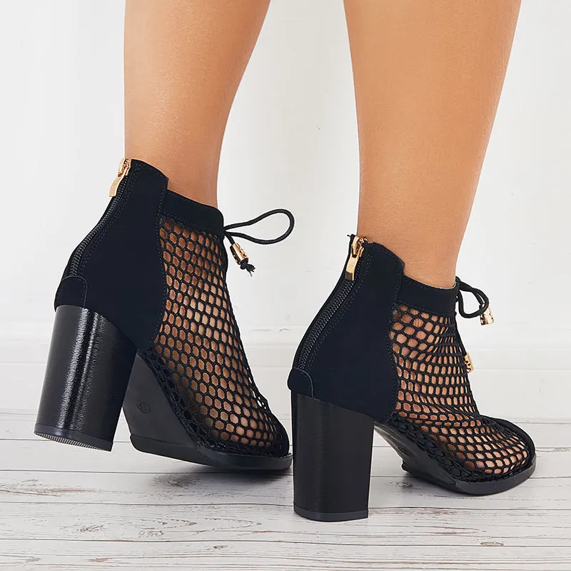 Sohiwoo Mesh Chunky Block High Heel Sandsls Peep Toe Pumps