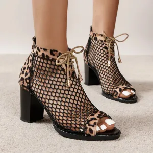 Sohiwoo Mesh Chunky Block High Heel Sandsls Peep Toe Pumps