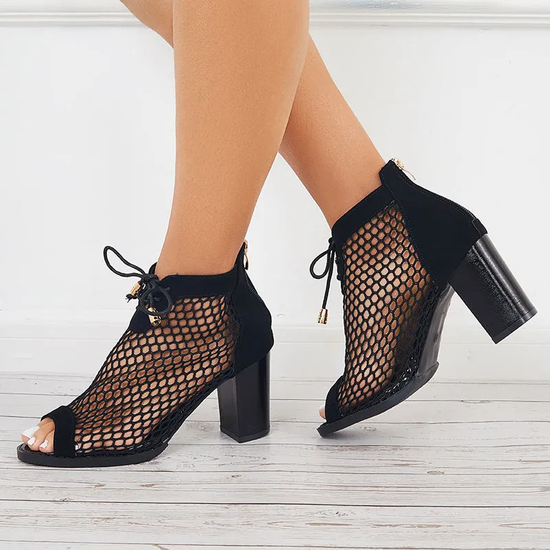 Sohiwoo Mesh Chunky Block High Heel Sandsls Peep Toe Pumps